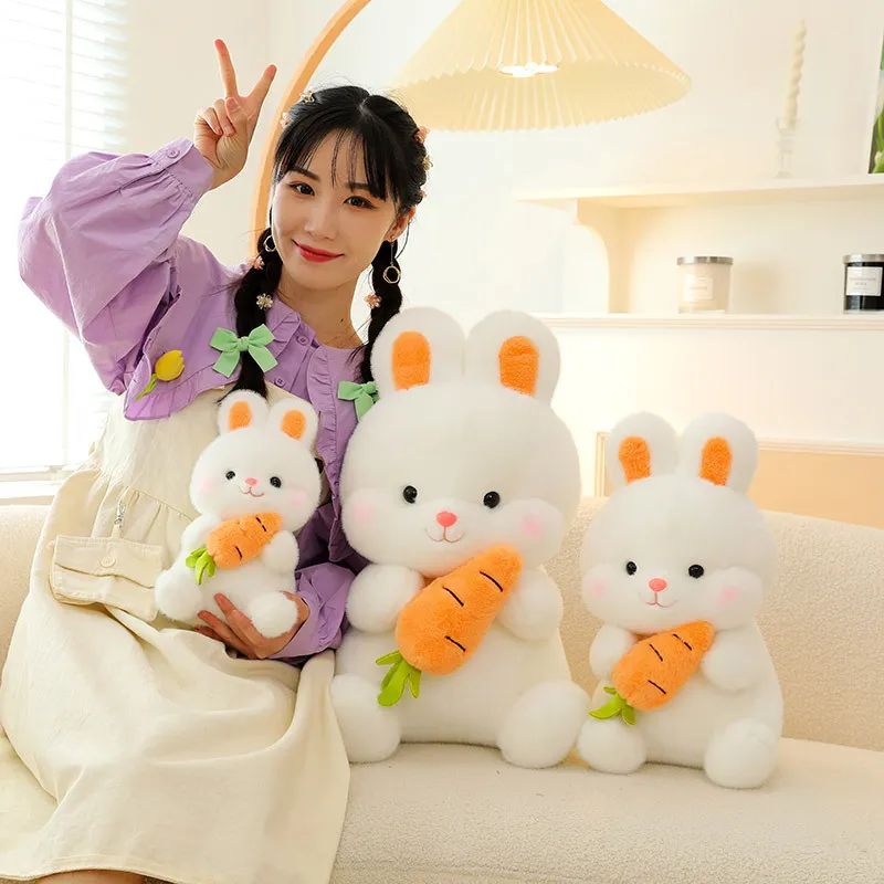 Cute Carrot-Holding Bunny Plush Toy – Soft White Rabbit Stuffed Animal with Carrot, Huggable Sleeping Doll & Pillow for Kids